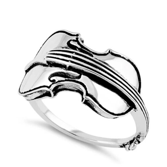 Sterling Silver Violin Unisex Ring New - Picture 1 of 4
